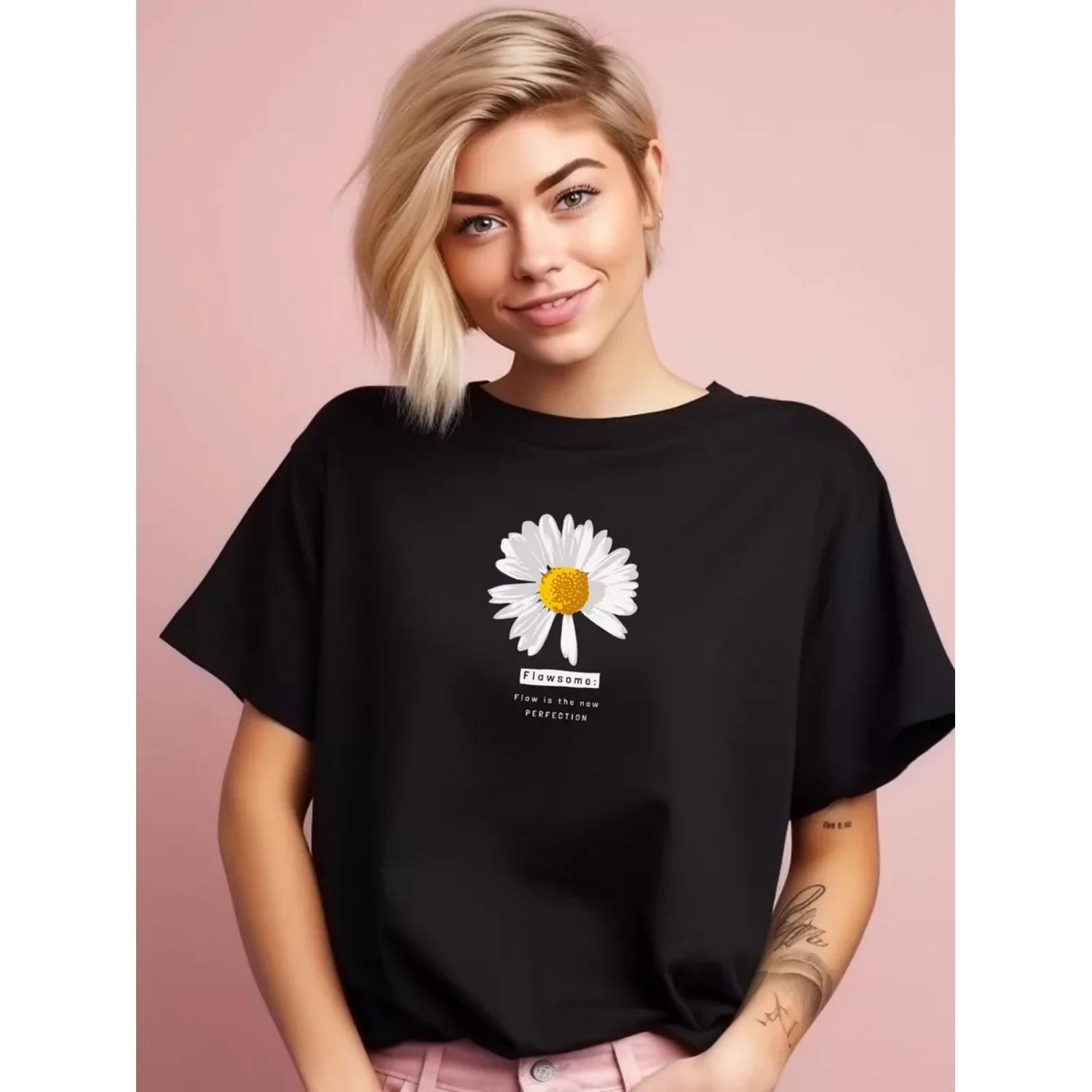 

Street Women s Casual T-shirt Daisy Print Women s Simple Cotton T-shirt Korean T-shirt Top Y2K Harajuku Ladies T-shirt Tops S чёрный