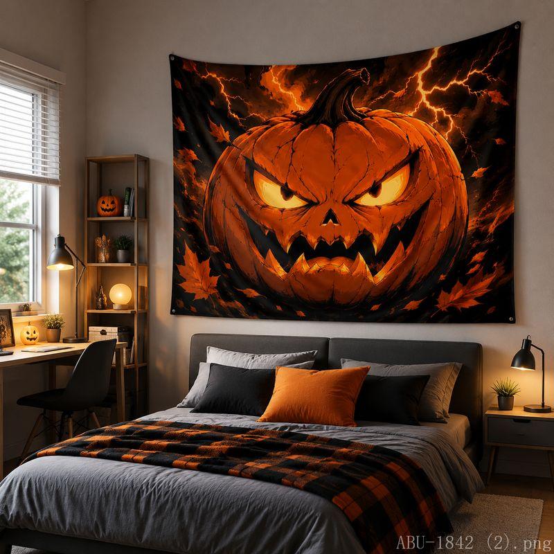 Halloween Tapestry Pumpkin Maple Leaf Lightning Moon Print Bedroom Living Room Holiday Party Wall Hanging Backdrop Decor Cloth