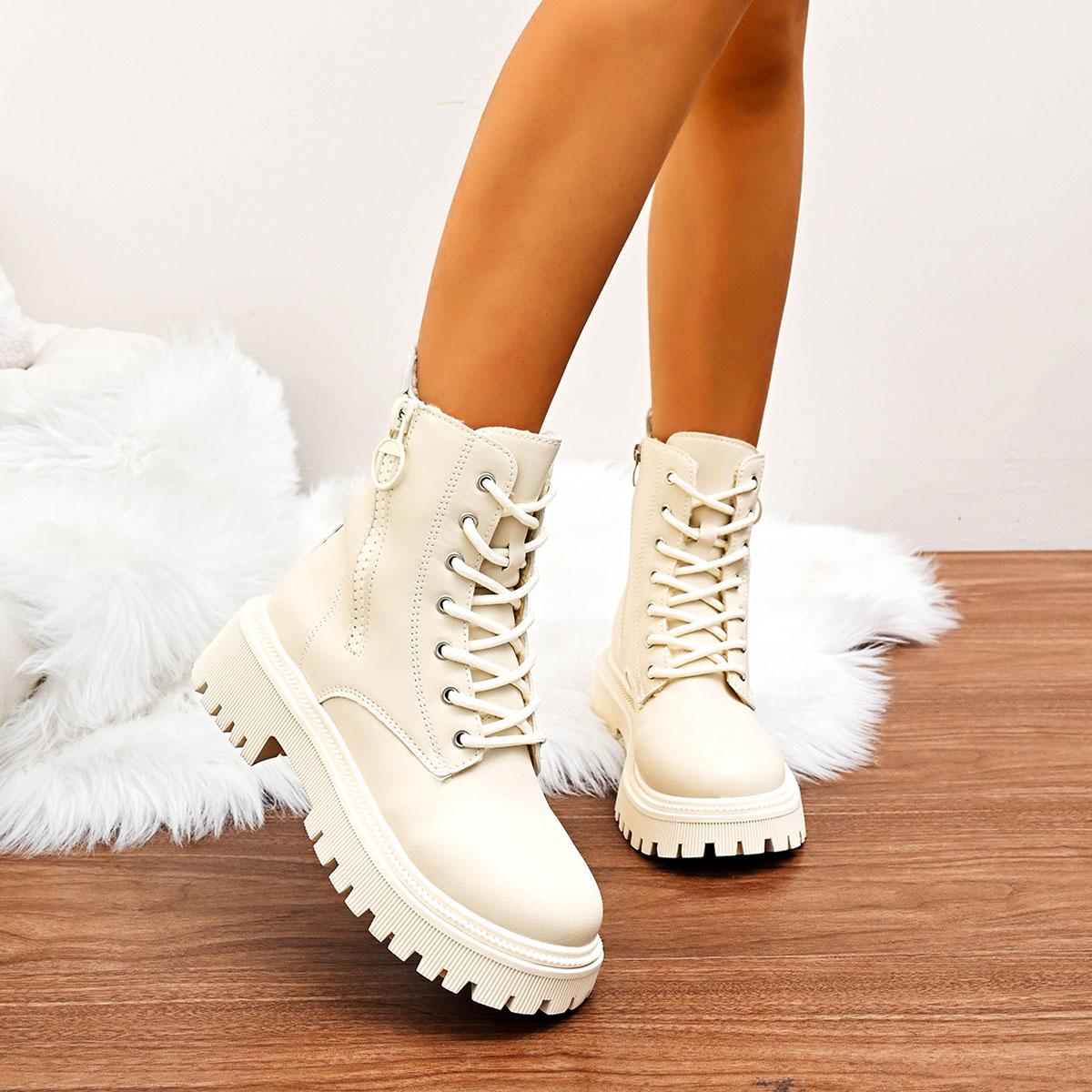 

Fashion Winter Padded Warm Ankle Boots New Thick Bottom Round Head Casual Shoes for Women Side Zipper British Style Short Botas Female 35 бежевый