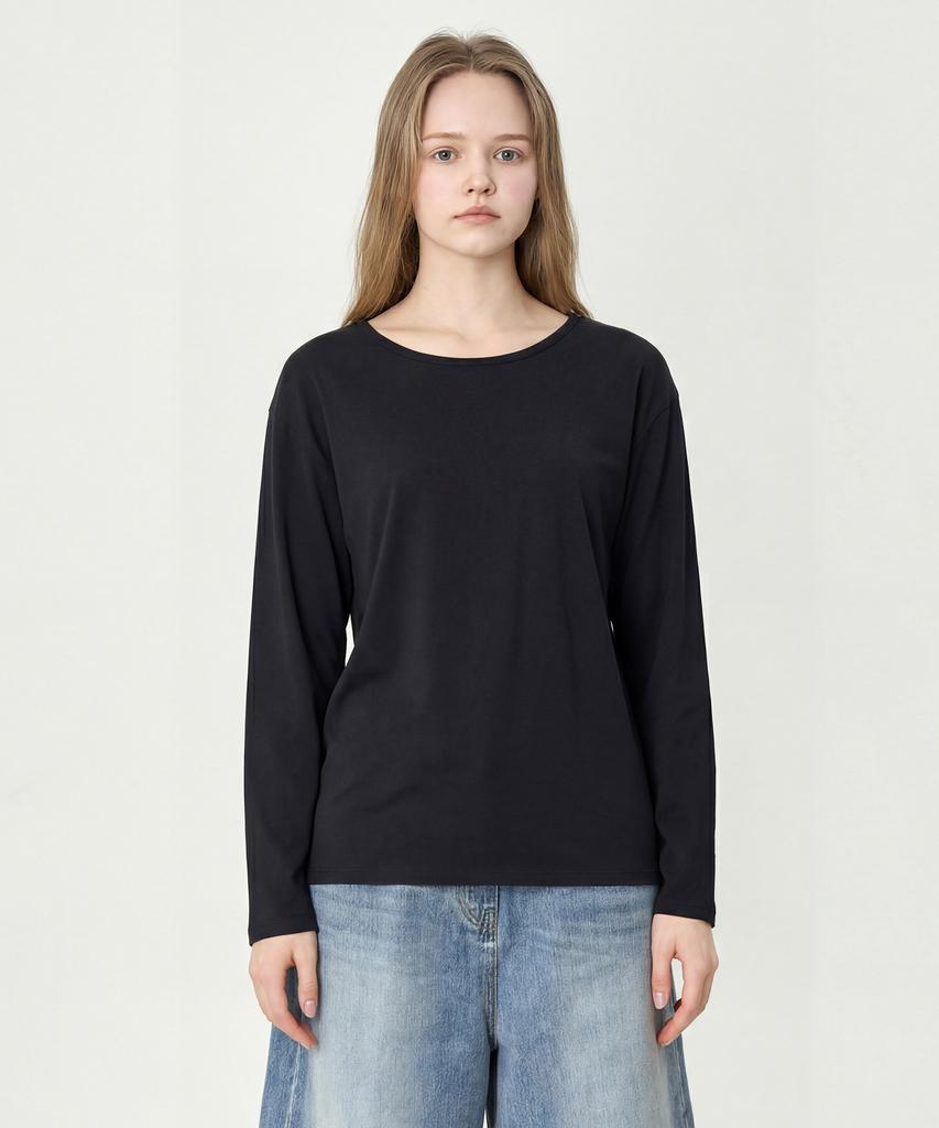 BASIC HOUSE Women'S Flowy Spandex U-Neck Oversized Long Sleeve T-Shirt Black