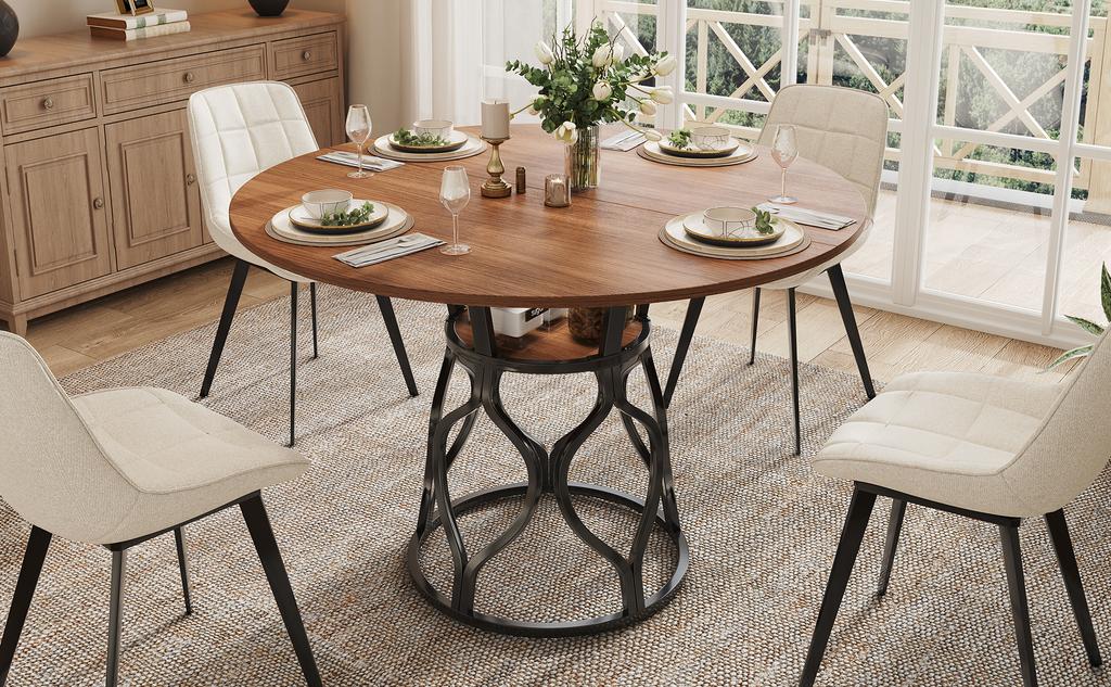 Round Dining Table 100x100x75 Cm, Kitchen Table for 4-6 People with Integrated Shelf, MDF Tabletop In Walnut Look, Modern Metal Frame, Space-saving.