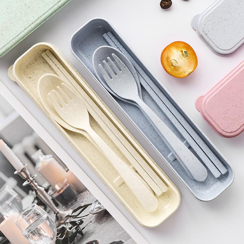 3Pcs/Set Portable Tableware Set Plastic Cutlery Sets Fork Spoon Chopsticks Suit Eco-friendly Reusable Travel Flatware With Box