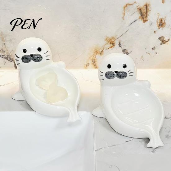 Cute Seal Soap Holder Ceramic Dish, with Self-Draining Design, Sponge Durable Organizer Tray, for Bathroom Countertop And Kitchen Sink Dish