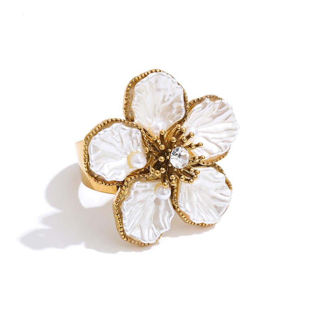 Yhpup Popular Stainless Steel Resin Pearls Flower Retro Stud Earrings Ring Set Waterproof Fashion Trendy Attractive Jewelry 2025