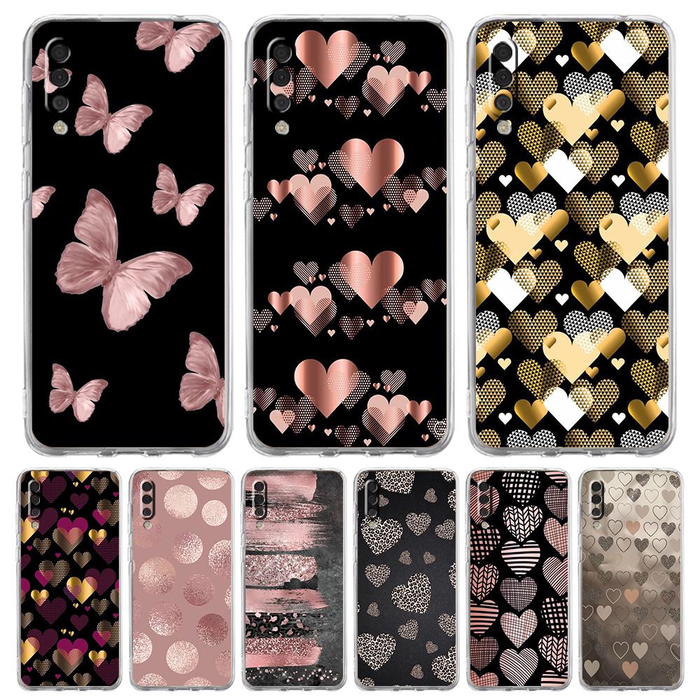 Gold Pink Rose Glitter Hearts Case For Samsung A16 A14 A12 A22 A32 5G A34 A42 A52 A54 A50 A70 A30 A40 A20E A10S A02S A04S A06