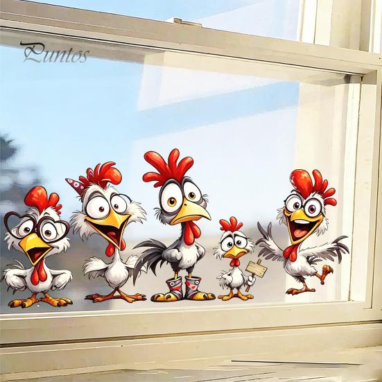 Cartoon Chicken Glass Stickers Rooster Static Sticker, Funny Roosters Window Clings, PVC Removable Outdoor Balcony Decor Decal, Waterproof Sunproof
