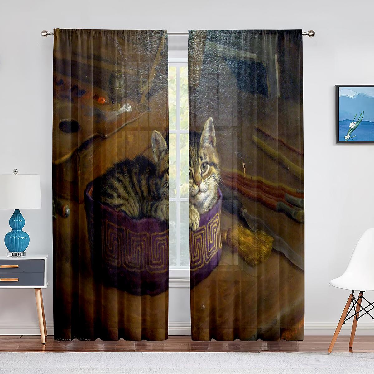 Милый кот акварельная живопись искусство цветочные прозрачные вуали шторы для спальни — фото 7