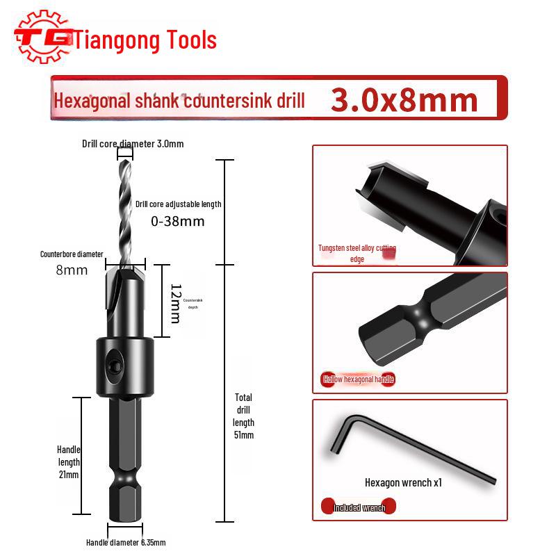 Tiangong Hex Shank 90° Countersink Drill Bit for Flat Bottom Self-Tapping Screws