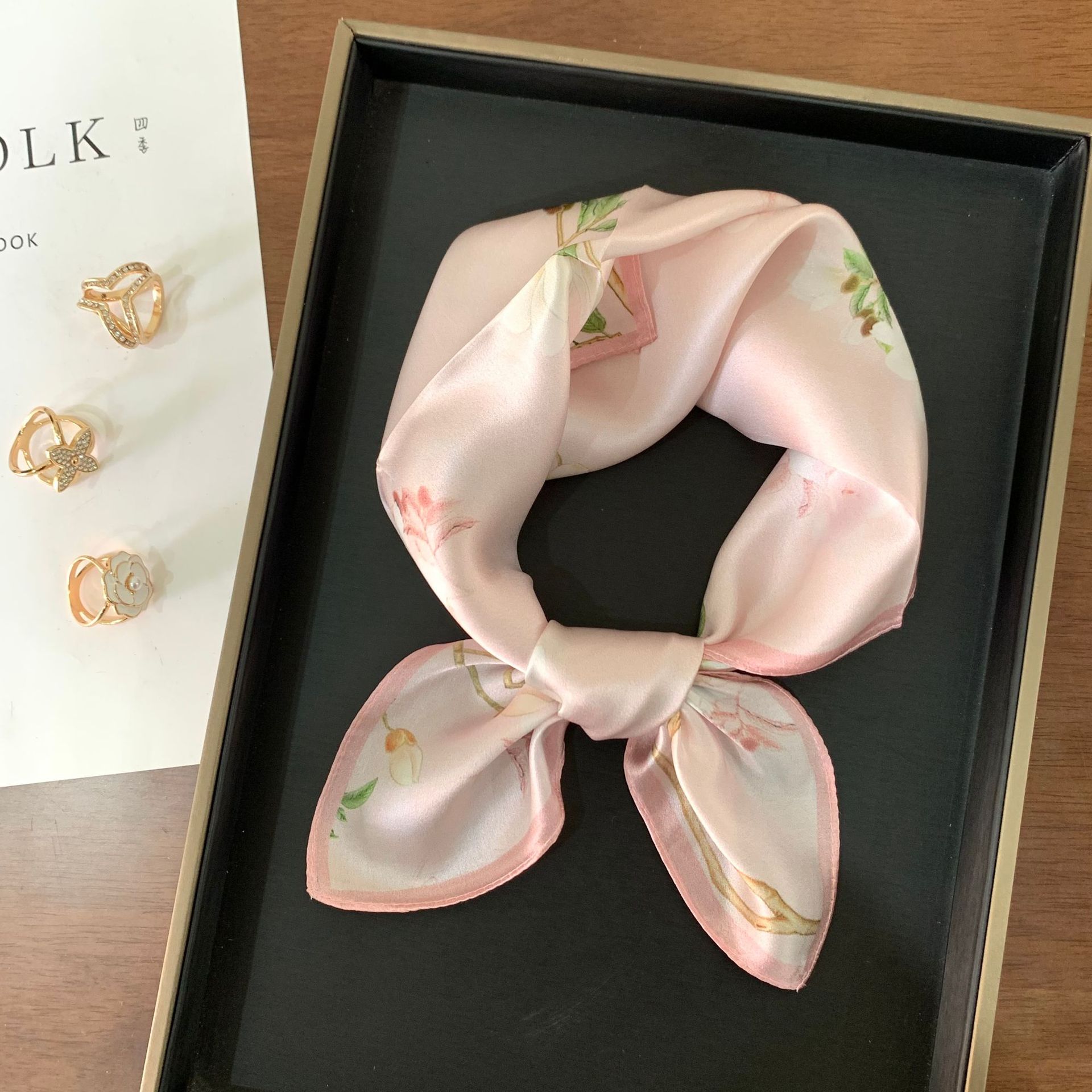 100% mulberry silk light pink flower silk scarf women s summer travel with small scarf fresh and sweet small square scarf 53-53