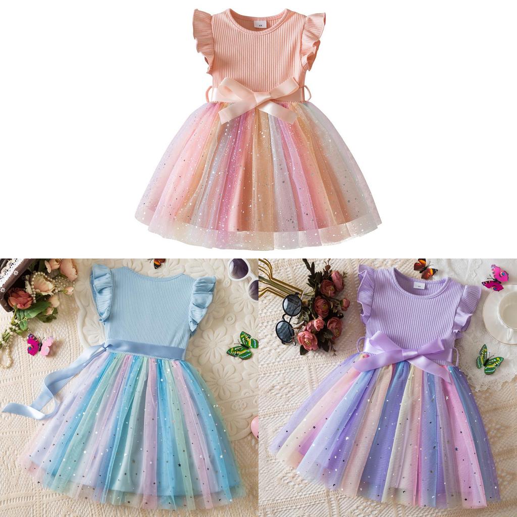 Girl Summer Princess Dress With Glitter Tulle Fabric For Toddler Birthday Party