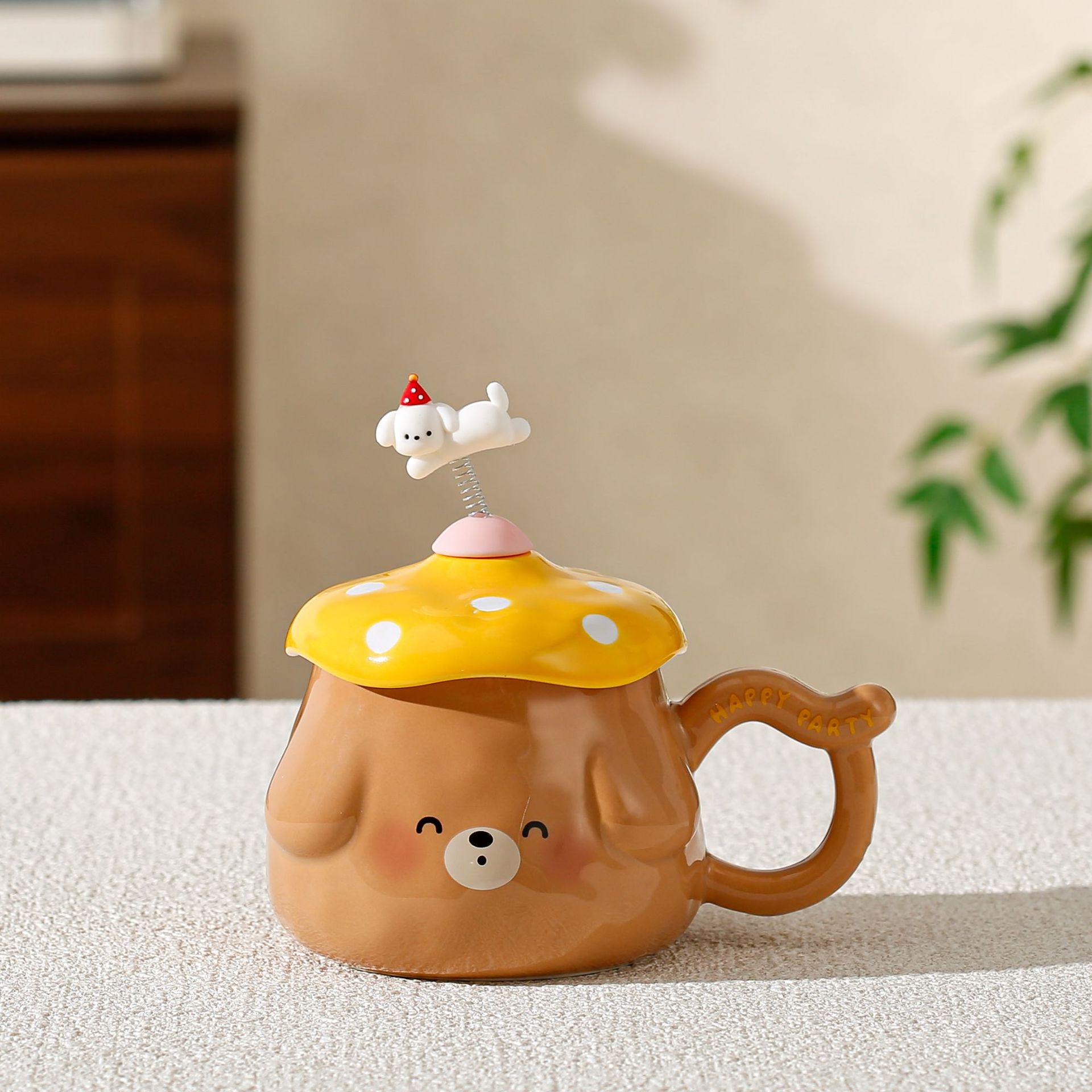 Ceramic Cartoon Puppy Mug with Lid & Spoon - Cute Gift for Girls 360ML