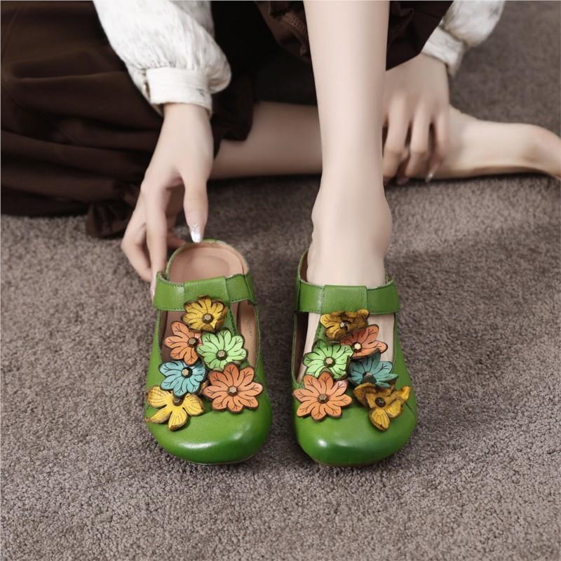 Johnature Retro Genuine Leather Colored Flower Round Toe Slippers Soft Soled Low Heel Comfortable Women's Slides