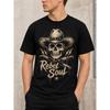 Men's Rebel Soul Graphic Tee, Short Sleeve Crew Neck Cotton T-Shirt with Skull Cowboy Hat & Lightning Design for Casual Streetwear