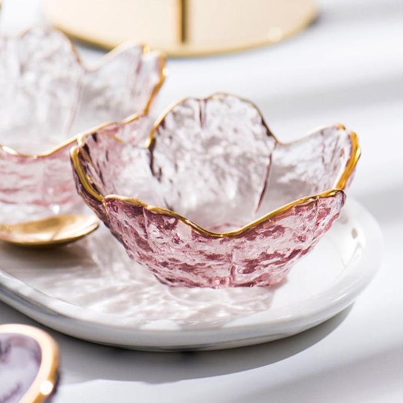 Malá skleněná miska severský styl zlatá intarzie skleněná miska na omáčku mini japonské třešňové květy kořenící talíř na zmrzlinu ovocný salát