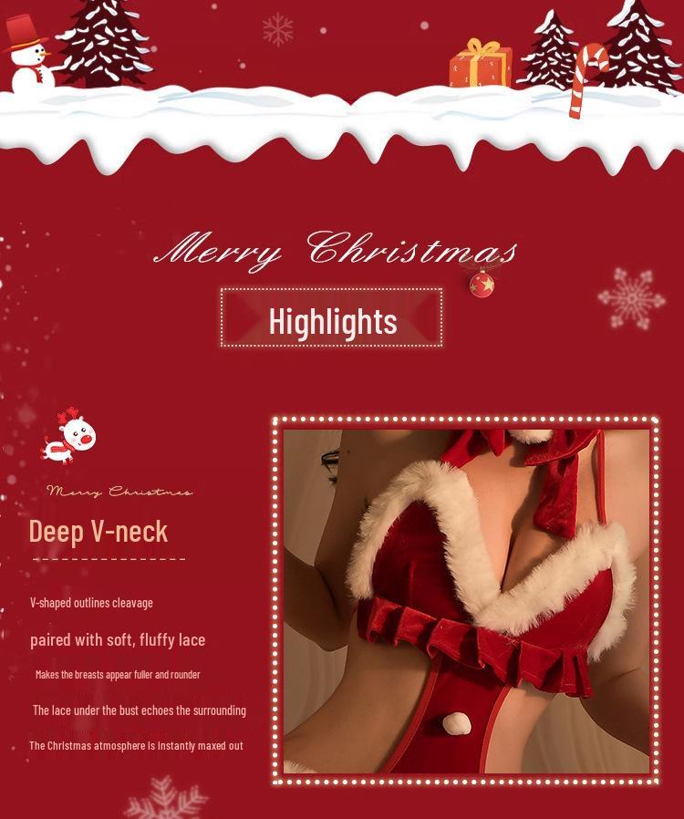 Red Christmas Lingerie Role Play Bodysuit: Open Crotch & Temptation