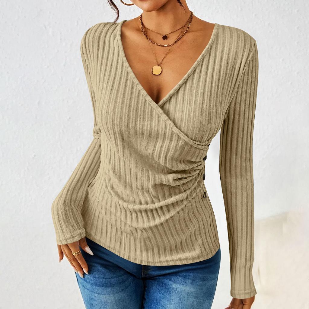 Women's Fashion Casual Long-Sleeve V-Neck -Color Pullover Knit Top