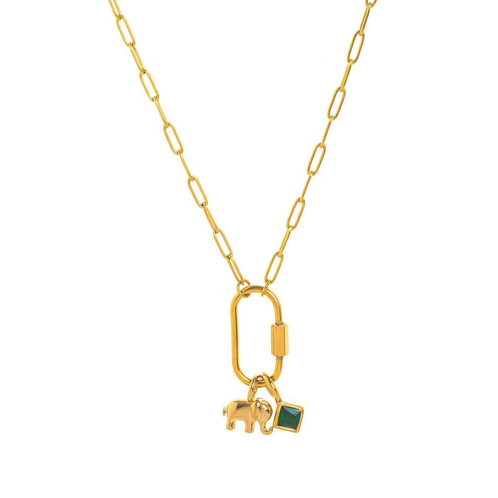18K Gold-Plated Zirconia Elephant Pendant Necklace, Stainless Steel, Constellation Design, European/American Style, Durable Color Retention.