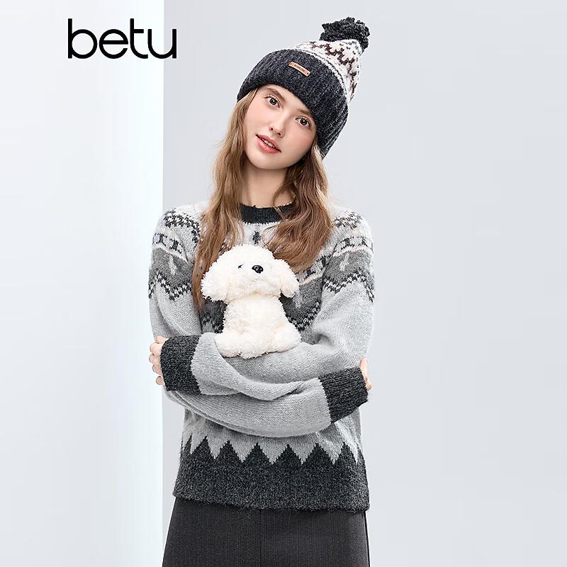 

Betu Women s Color-Block Jacquard Round Neck Sweater M