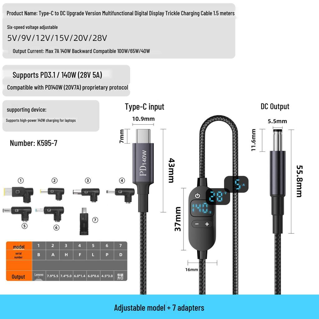 Adjustable Voltage Type-C To DC Charging Cable, 5V-28V, 140W PD Fast Charge with Round Hole DC 5.5