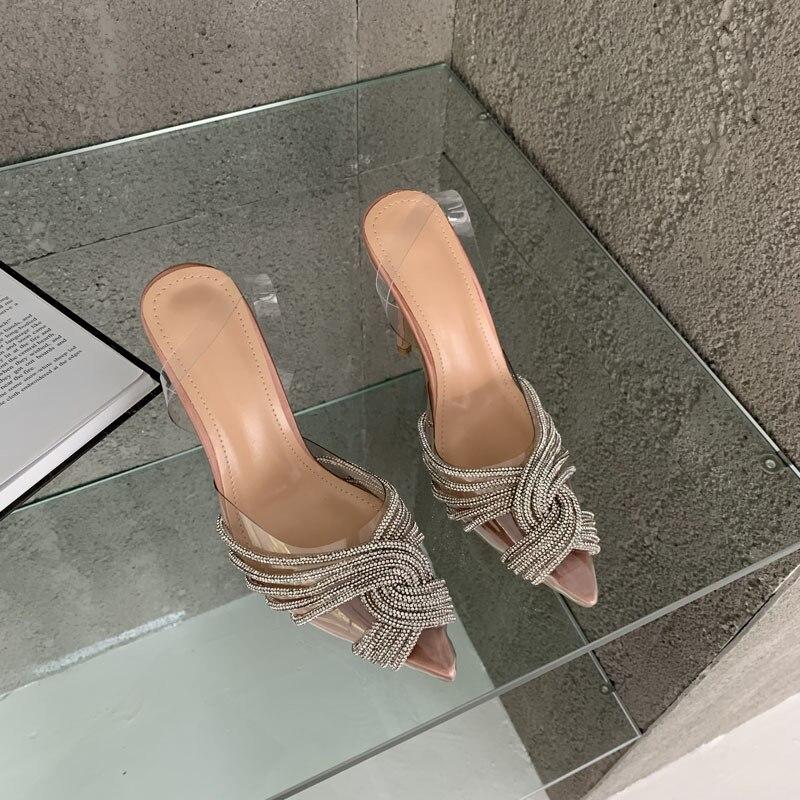

Женские сандалии с острым носком и кристаллами, прозрачные женские туфли-лодочки на тонком высоком каблуке без шнуровки, однотонные пикантные женские летние модные новые туфли