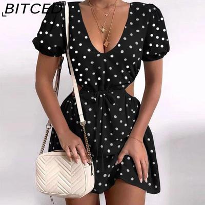 Women's Soft Polka Dot Hollow Out Waist Date Dress