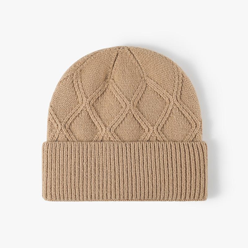 Unisex Winter Knitted Beanie Hat With Diamond Pattern Warm Soft Wool Blend Cuffed Skull Fashion Cold Weather Headwear  Women Men