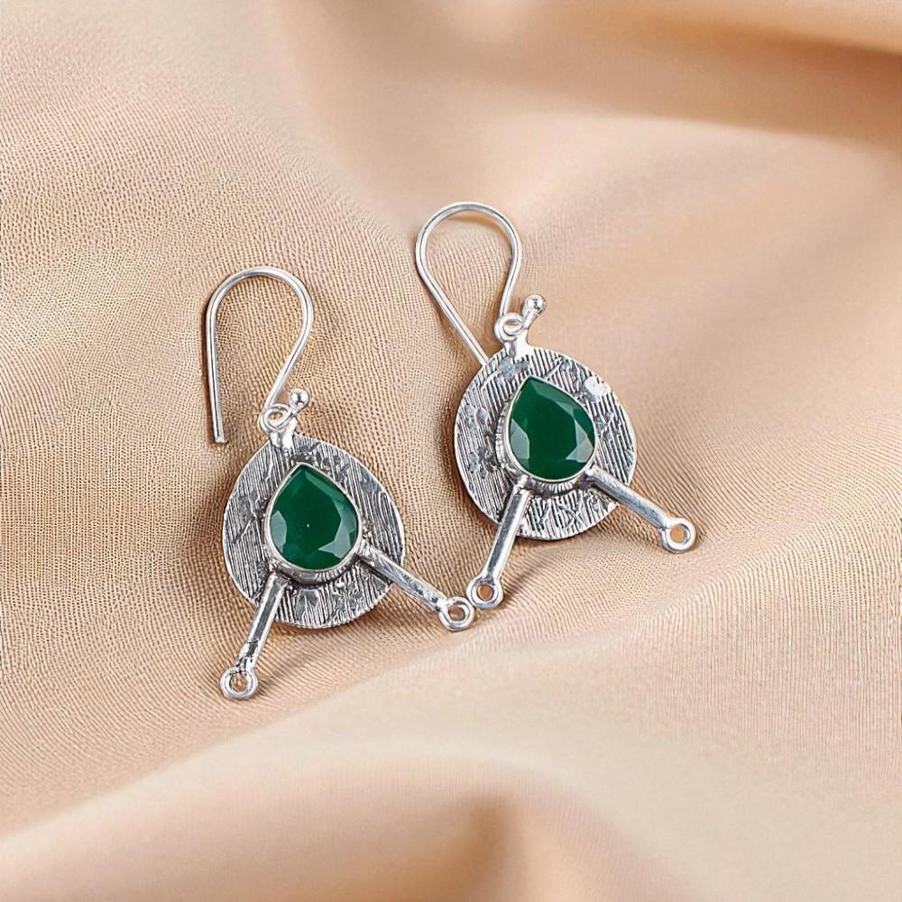 Green Onyx Gemstone 925 Sterling Silver Jewelry Handmade Dangle Earrings 1.86" EE-78-17