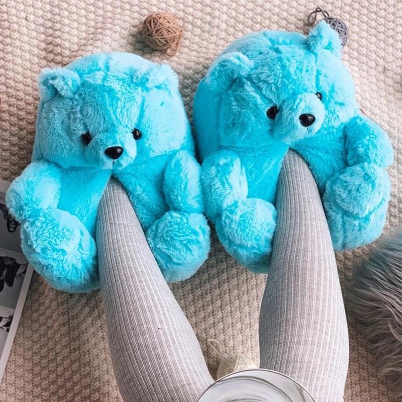 

Cute Teddy Bear Plush Winter Slippers wrapped Heel Funny Indoor Floor Shoes Women Gift warm Soft Cartoon Fluffy Animal Slippers 41 озеро синього кольору