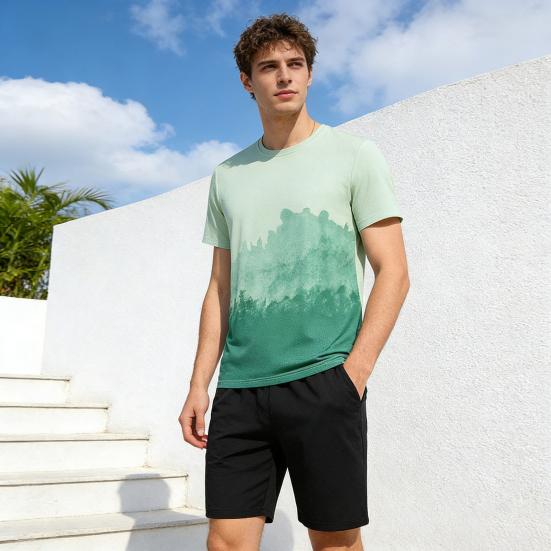 2Pcs/Set Men Summer Outfit O-neck Short Sleeve Printing T-shirt Elastic Drawstring Waist Shorts Set Loose Fit Quick Drying Sportswear