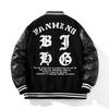 Mens Vintage Winter Thickened Baseball Jacket With Embroidery Wool PU Leather Patchwork Loose Fit
