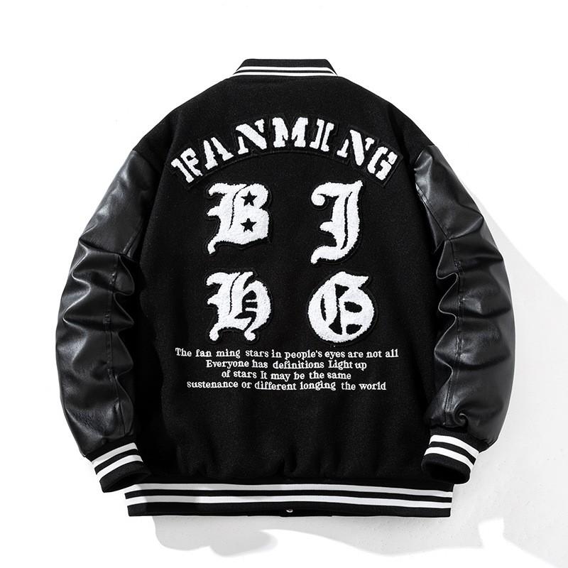 Mens Vintage Winter Thickened Baseball Jacket With Embroidery Wool PU Leather Patchwork Loose Fit