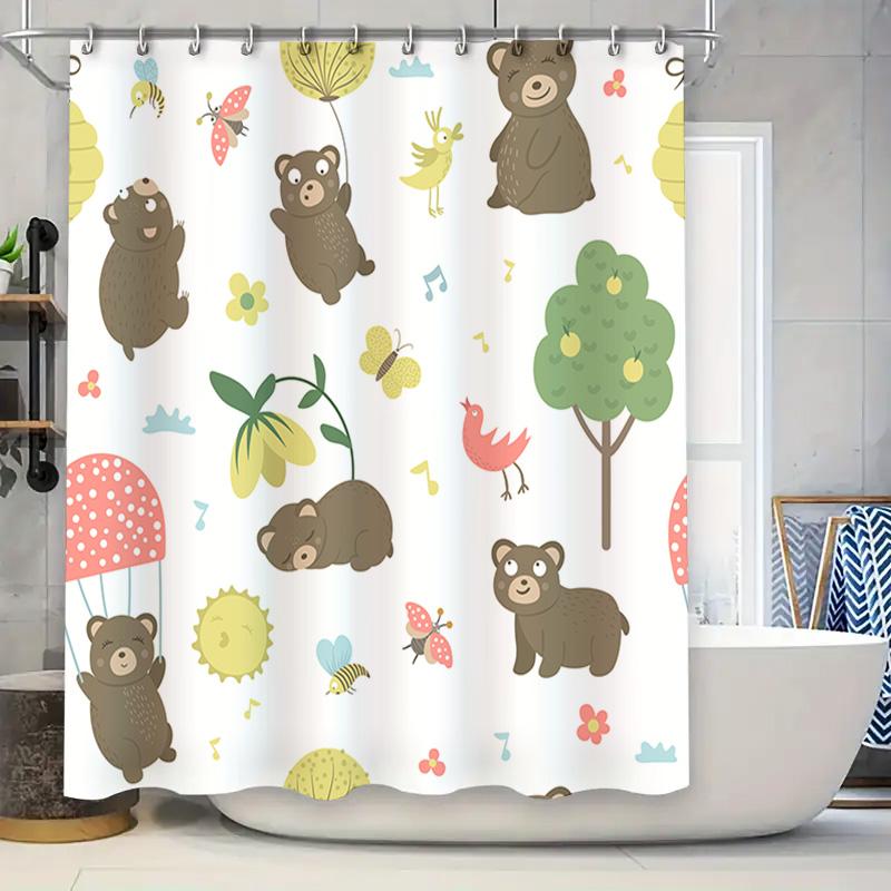

Whimsical Bears Butterflies Shower Curtain Cute Kids Bathroom Decor With Pastel Colors W60H190(CM)-1 Pcs