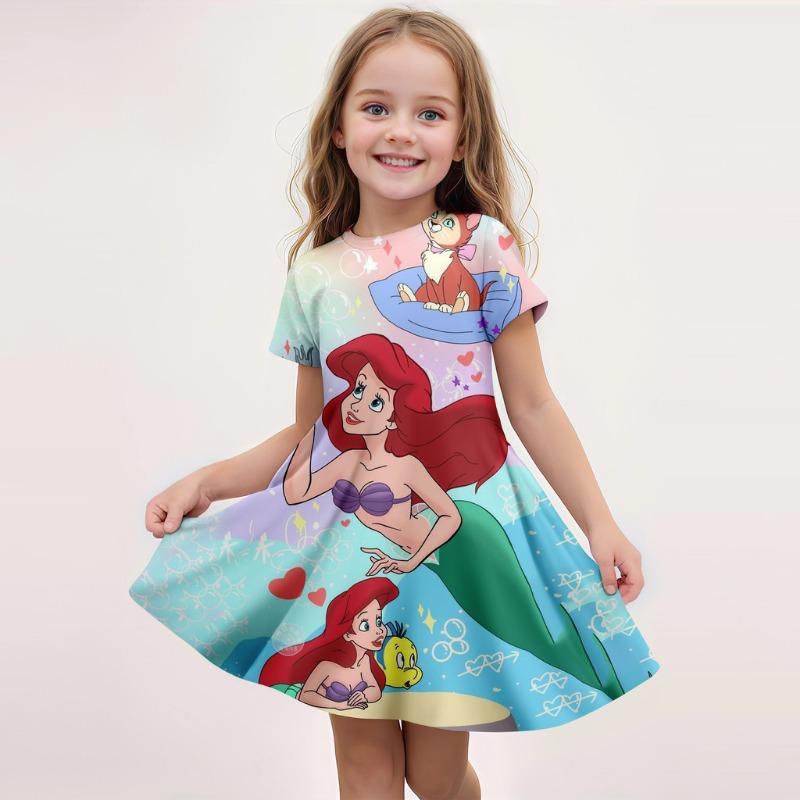 Disney Summer Girls Cute Cartoon Stitch Printed Dress Fashion One-piece Dress Kids Daily Casual Short Sleeve Clothing Outfit