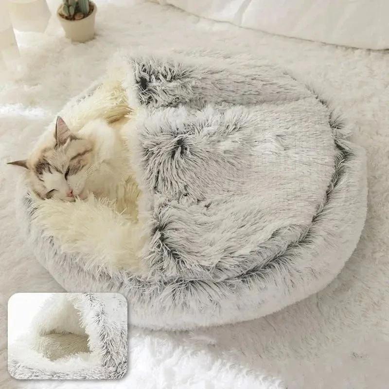 Plush Round Cat Bed Pet Mattress Warm Soft Comfortable Basket Cat Dog 2 In 1 Sleeping Bag Nest for Small Cat Puppy