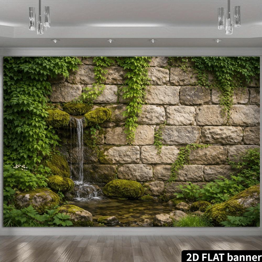 2D plane stone wall waterfall background fabric with moss and green plants and water features