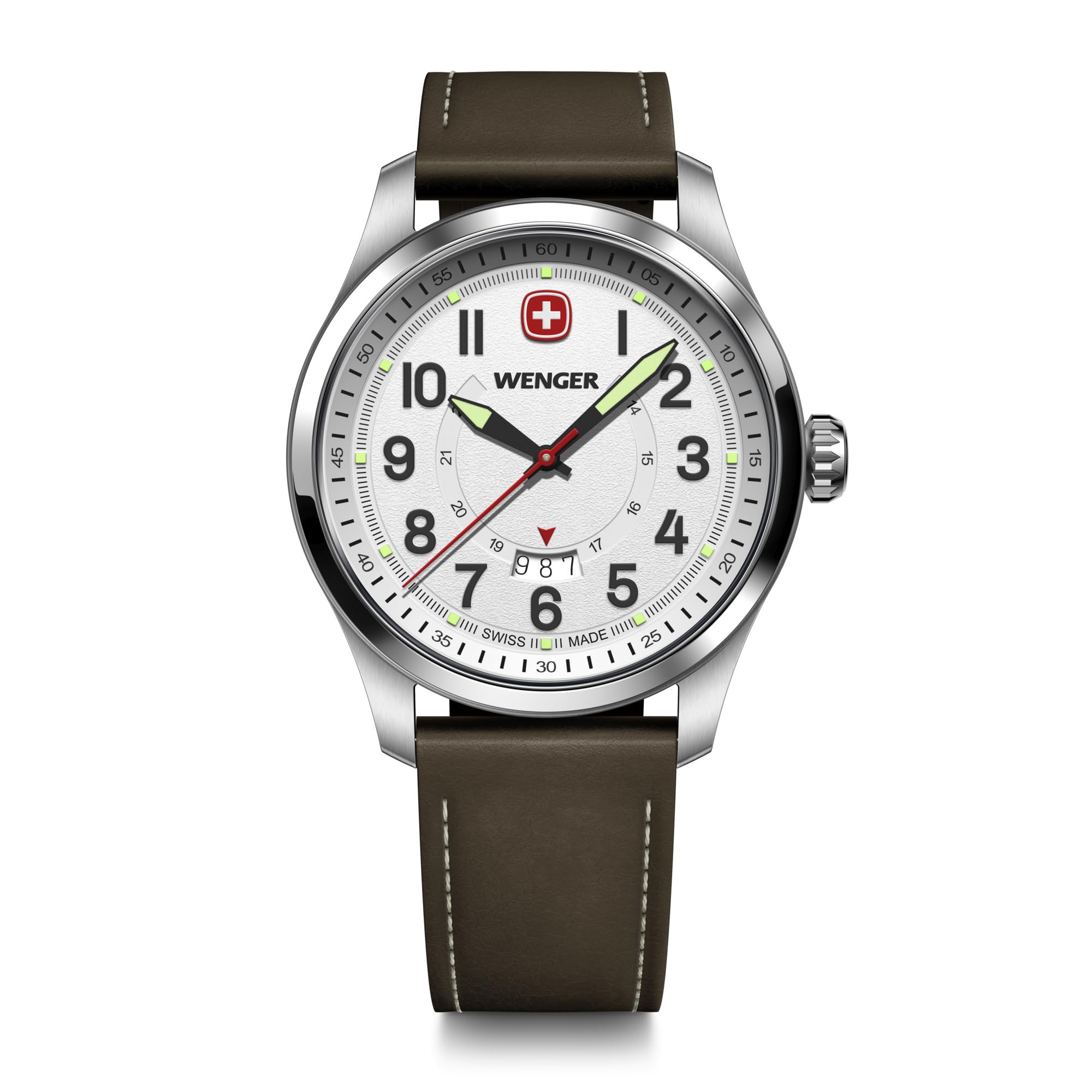 Lumina Jp Men's White/Brown Wenger Terragraph Stainless Steel Case Leather Quartz 100M Water Analog Watch, (316L), Dial, Strap, Movet, Resistant, [ ]