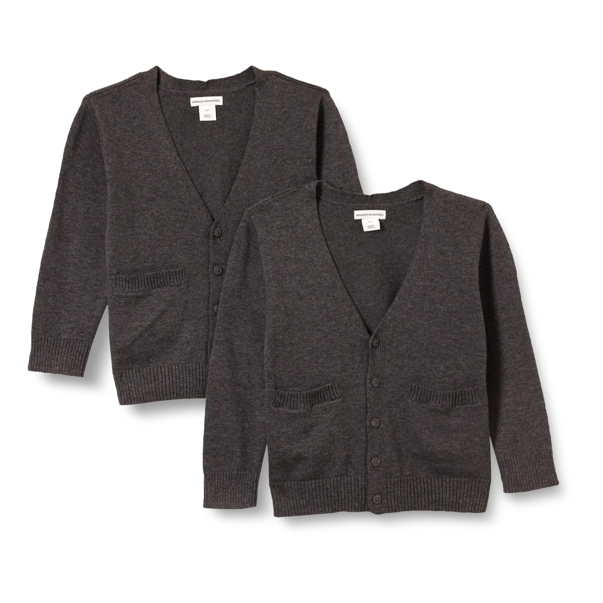 

Amazon Essentials 2-Pack Knit Cardigans, Cotton, Toddler/Kids, Heather Charcoal, Size 95