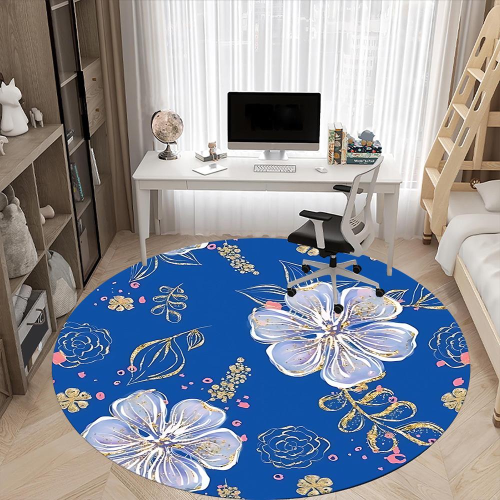 1pc Floral Blue Pattern Office Round Rug, Non-slip, Soft and Durable Office Rug for Interior Decoration, Perfect for Office, Beautiful Decoration yy26