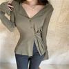 2023 Women's Autumn Korean Style Long-Sleeve Knit T-Shirt with Padded Shoulders, Slim Fit
