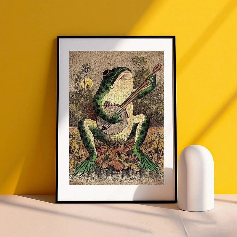 Vintage Animals Posters Banjo Frog Cartoon Canvas Painting and Prints Funny Nursery Wall Art Picture for Living Room Home Decor