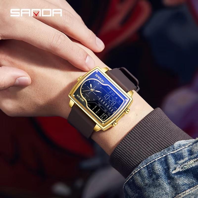 SANDA 6163 Fashion Trend Quartz Watches Fashion Men's Square Watch Countdown Sports Waterproof Dual Display Digital Mens Watch
