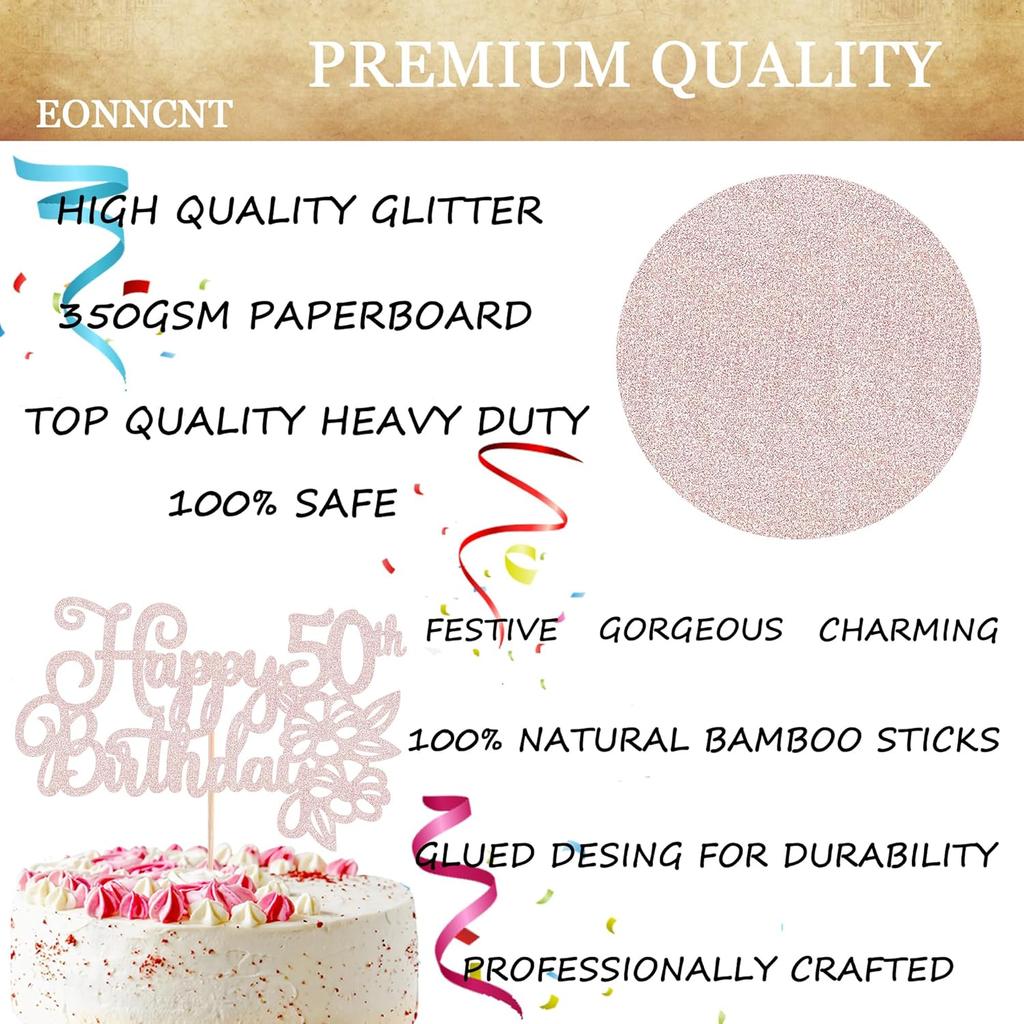 Happy 50th Birthday Cake Topper - Rose Gold Glitter 50th Birthday Cake Decorating Supplies for Women, Cheers to 50 Years Decor for 50 Anniversary