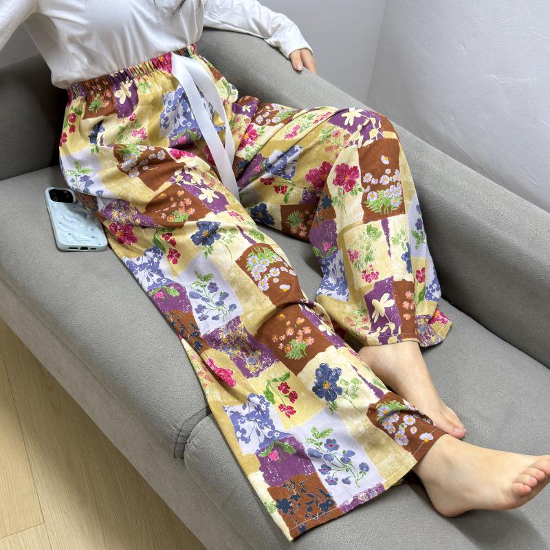 Damen-Blumen-Baumwoll-Seiden-Pyjama - Große Größen, Sommer, Leicht, Für draußen, Gerades Bein, Lockerer Schnitt
