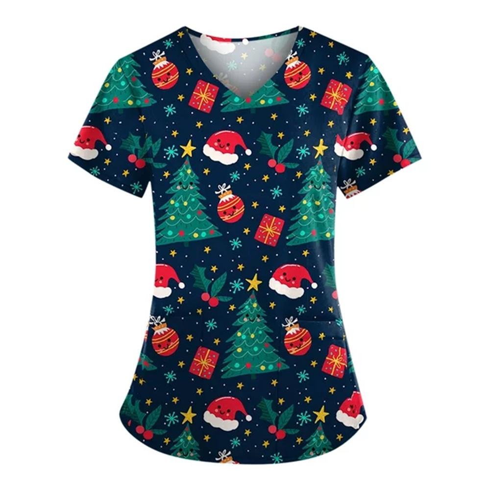 Chirurgische Uniformen Feiertage Weihnachten Drucke Stil Taschendesign Chirurgisches Kostüm Frau V-Ausschnitt Kurzarm Krankenschwester Medizinische Uniform