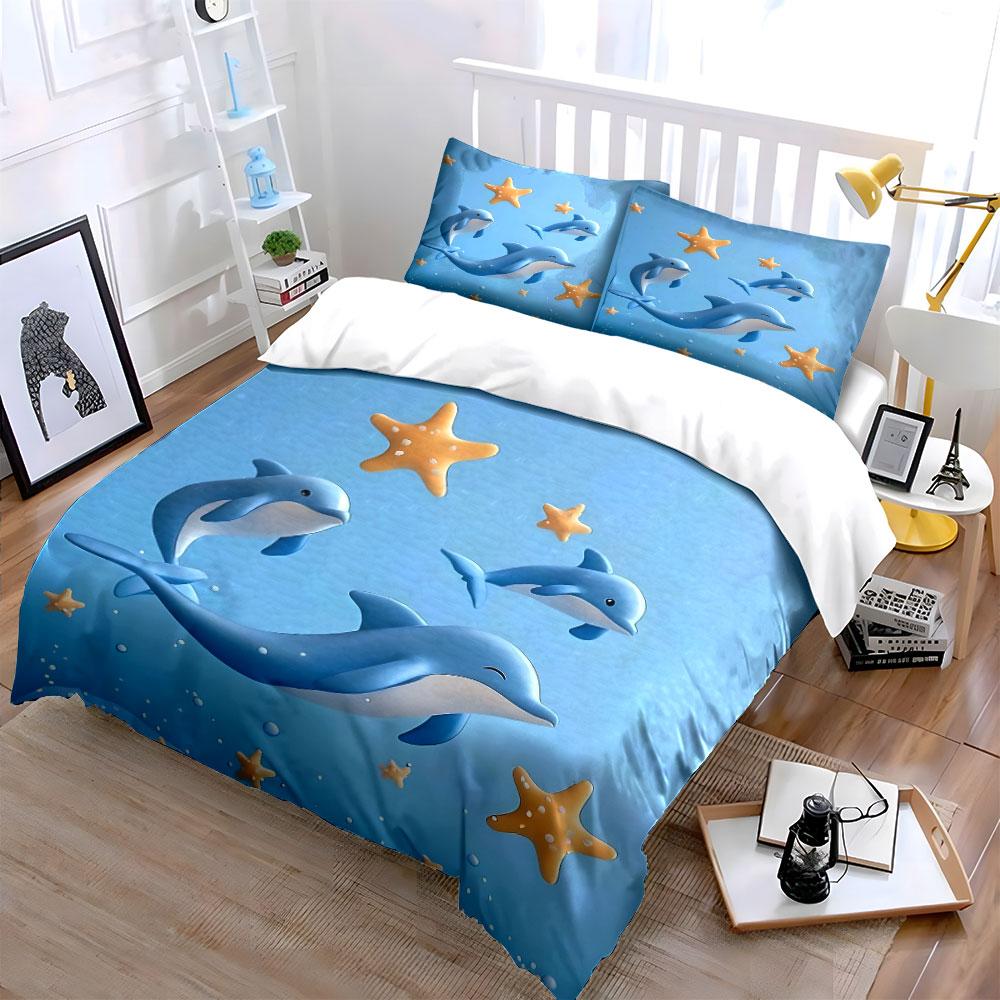 Cute Dolphin Starfish Decoration Set Bedding Set with 1 Duvet Cover 2 Pillowcases Single Double King Queen, Gift