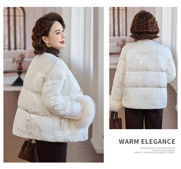 Women's Winter 2025 Jacquard Fox Fur Down Jacket - Short, Round Neck, White Duck Down, New Chinese Style Mother's Coat