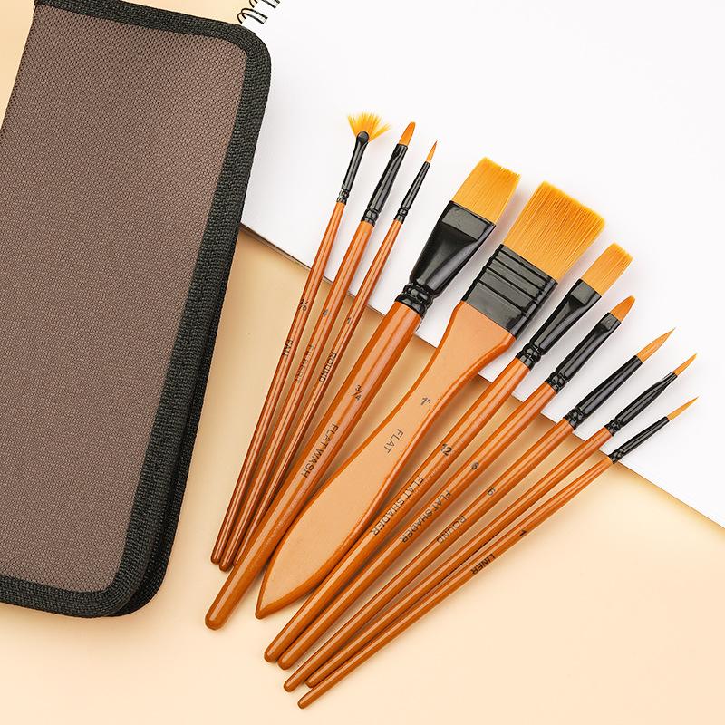 Set de 10 Pinceaux à Peindre Aquarelle Manche en Bois Poils en Nylon Stylo Pinceau Set d'Apprentissage Bricolage Peinture à l'Huile Acrylique Pinceaux d'Art Fournitures