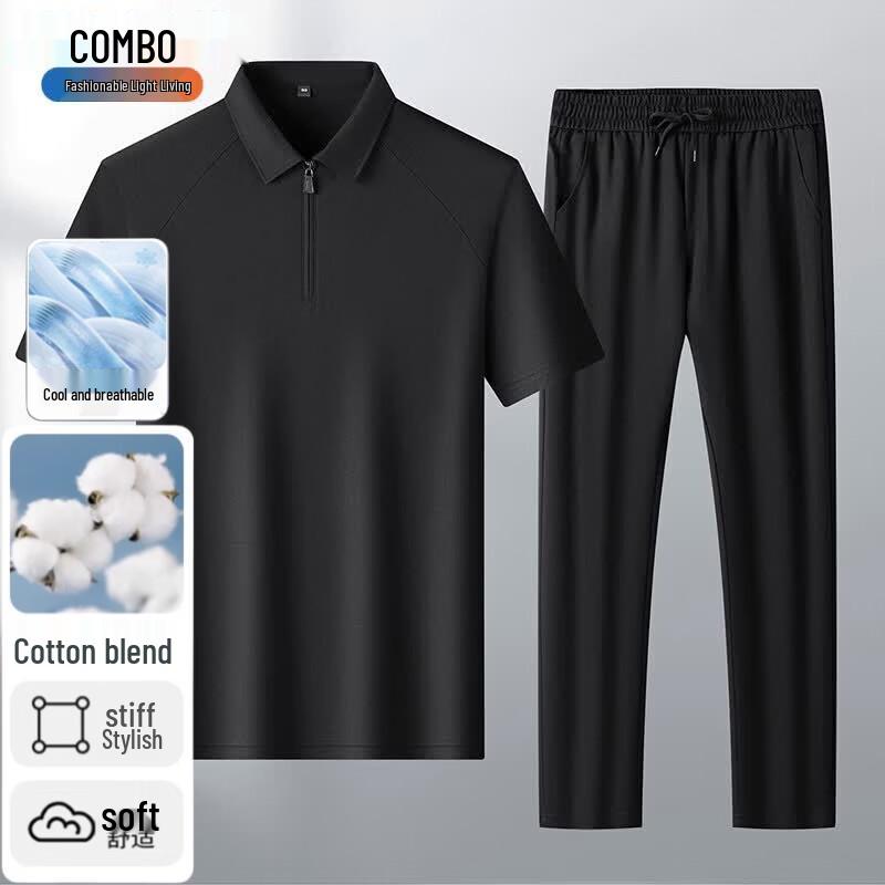 Men s Summer Cotton Linen Polo Shirt  Trousers Set 2XL