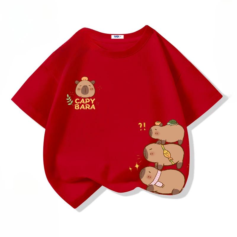 Cartoon Kapibala Print Cotton Cool Children's T-shirt Short Sleeve Summer Fashion Boys Girls Tee Top Kid Clothes