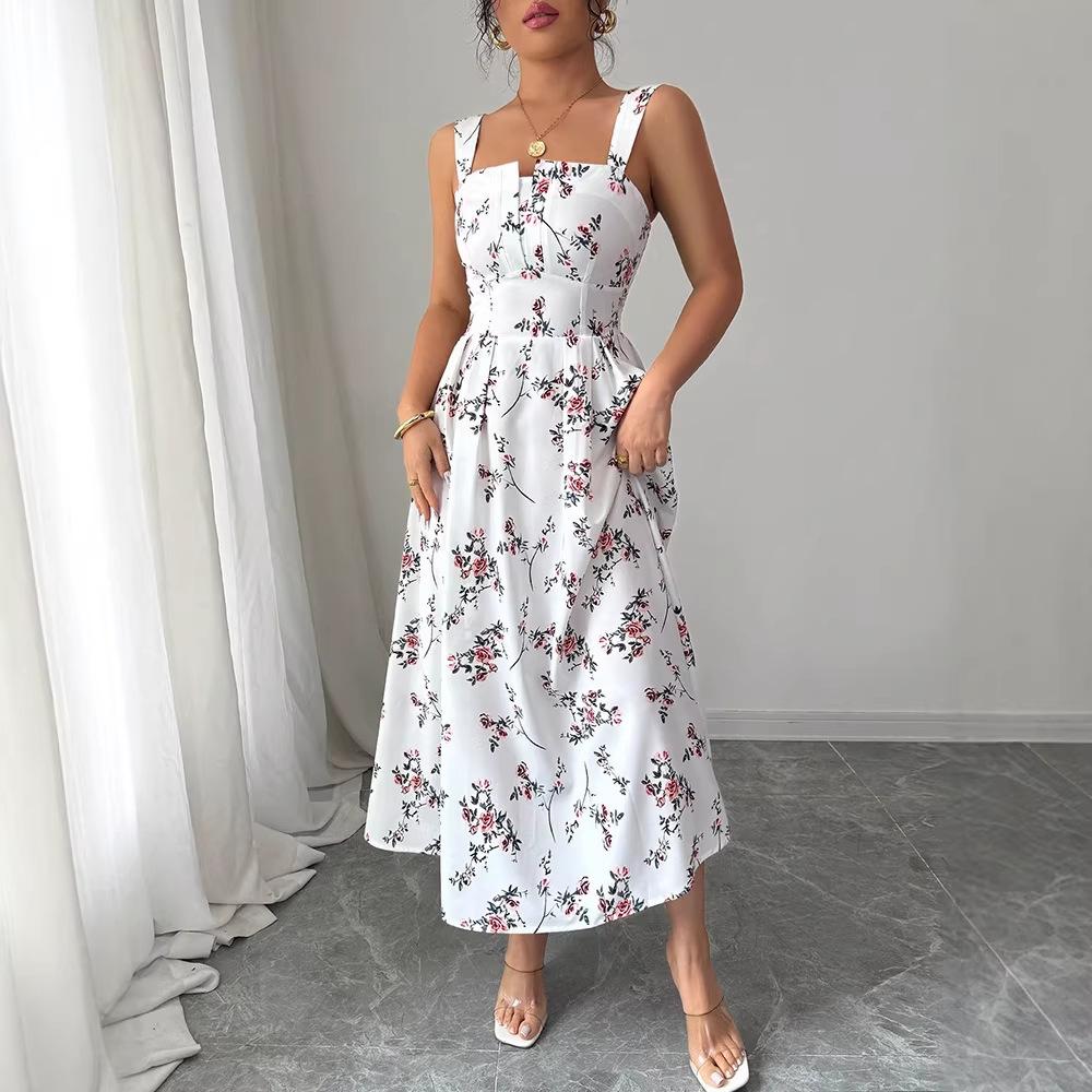 2026 European and American New Halter Suspenders, Temperament Printing To Win Fashionable Long Dresses
